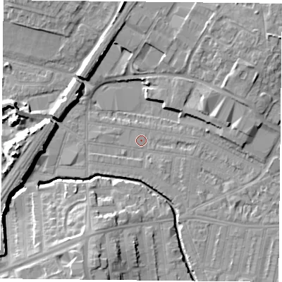 Shaded relief map of the ground around LE50ED, computed from Environment Agency LiDAR. The ground here sits at about 58 m above sea level and falls 14 m across the surrounding 800 m. Surface water reaching this point runs off ground lying to the east-south-east, 2.5 m higher.