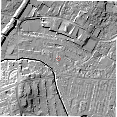 Shaded relief map of the ground around LE50EE, computed from Environment Agency LiDAR. The ground here sits at about 59 m above sea level and falls 13 m across the surrounding 800 m. Surface water reaching this point runs off ground lying to the west-south-west, 0.8 m higher.