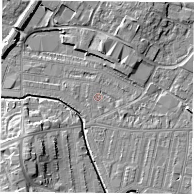 Shaded relief map of the ground around LE50EF, computed from Environment Agency LiDAR. The ground here sits at about 58 m above sea level and falls 13 m across the surrounding 800 m. Surface water reaching this point runs off ground lying to the east, 6.7 m higher.