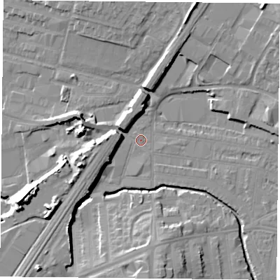 Shaded relief map of the ground around LE50EN, computed from Environment Agency LiDAR. The ground here sits at about 57 m above sea level and falls 17 m across the surrounding 800 m. Surface water reaching this point runs off ground lying to the north-east, 7.1 m higher.