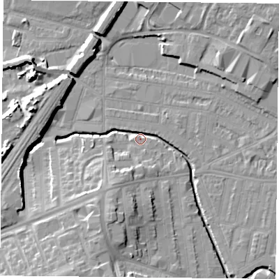 Shaded relief map of the ground around LE50ER, computed from Environment Agency LiDAR. The ground here sits at about 58 m above sea level and falls 15 m across the surrounding 800 m. Surface water reaching this point runs off ground lying to the south-south-west, 13.9 m higher.