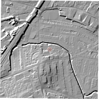 Shaded relief map of the ground around LE50ES, computed from Environment Agency LiDAR. The ground here sits at about 58 m above sea level and falls 16 m across the surrounding 800 m. Surface water reaching this point runs off ground lying to the south-south-west, 7.3 m higher.
