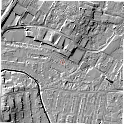 Shaded relief map of the ground around LE50EW, computed from Environment Agency LiDAR. The ground here sits at about 59 m above sea level and falls 12 m across the surrounding 800 m. Surface water reaching this point runs off ground lying to the east-south-east, 6.2 m higher.