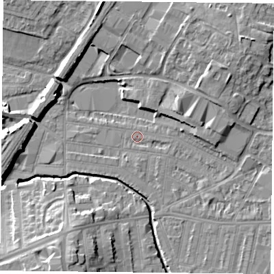 Shaded relief map of the ground around LE50EX, computed from Environment Agency LiDAR. The ground here sits at about 58 m above sea level and falls 13 m across the surrounding 800 m. Surface water reaching this point runs off ground lying to the east-south-east, 2.6 m higher.