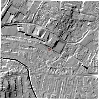 Shaded relief map of the ground around LE50EY, computed from Environment Agency LiDAR. The ground here sits at about 59 m above sea level and falls 12 m across the surrounding 800 m. Surface water reaching this point runs off ground lying to the east-south-east, 6.1 m higher.