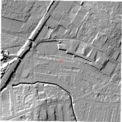 Shaded relief map of the ground around LE50EZ, computed from Environment Agency LiDAR. The ground here sits at about 58 m above sea level and falls 14 m across the surrounding 800 m. Surface water reaching this point runs off ground lying to the south-east, 2.7 m higher.