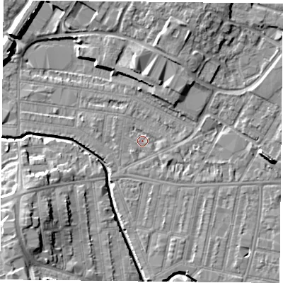 Shaded relief map of the ground around LE50FB, computed from Environment Agency LiDAR. The ground here sits at about 59 m above sea level and falls 13 m across the surrounding 800 m. Surface water reaching this point runs off ground lying to the east, 6.9 m higher.