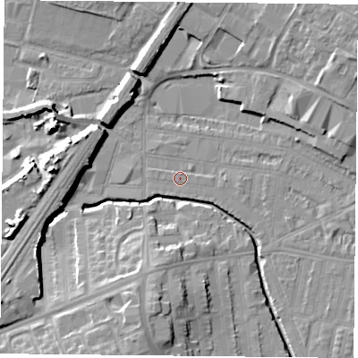 Shaded relief map of the ground around LE50FE, computed from Environment Agency LiDAR. The ground here sits at about 58 m above sea level and falls 14 m across the surrounding 800 m. Surface water reaching this point runs off ground lying to the east-south-east, 2.3 m higher.