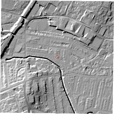 Shaded relief map of the ground around LE50FF, computed from Environment Agency LiDAR. The ground here sits at about 59 m above sea level and falls 14 m across the surrounding 800 m. Surface water reaching this point runs off ground lying to the east-south-east, 1.7 m higher.