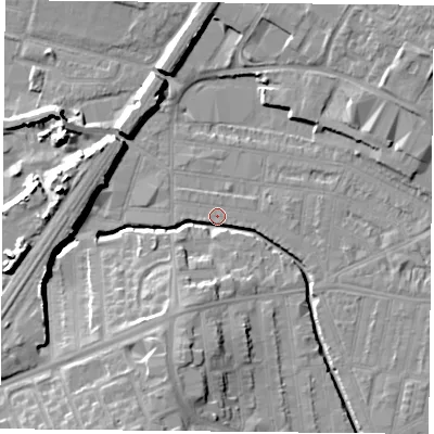 Shaded relief map of the ground around LE50FG, computed from Environment Agency LiDAR. The ground here sits at about 58 m above sea level and falls 14 m across the surrounding 800 m. Surface water reaching this point runs off ground lying to the south-south-west, 12.7 m higher.