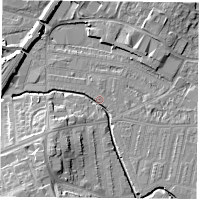 Shaded relief map of the ground around LE50FH, computed from Environment Agency LiDAR. The ground here sits at about 58 m above sea level and falls 14 m across the surrounding 800 m. Surface water reaching this point runs off ground lying to the south-west, 13.9 m higher.