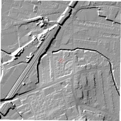 Shaded relief map of the ground around LE50FN, computed from Environment Agency LiDAR. The ground here sits at about 60 m above sea level and falls 19 m across the surrounding 800 m. Surface water reaching this point runs off ground lying to the south-south-east, 6.2 m higher.