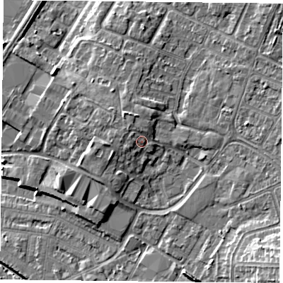 Shaded relief map of the ground around LE50HA, computed from Environment Agency LiDAR. The ground here sits at about 63 m above sea level and falls 11 m across the surrounding 800 m. Surface water reaching this point runs off ground lying to the west-north-west, 1.4 m higher.