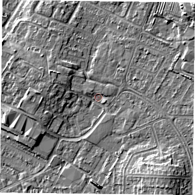 Shaded relief map of the ground around LE50HD, computed from Environment Agency LiDAR. The ground here sits at about 61 m above sea level and falls 15 m across the surrounding 800 m. Surface water reaching this point runs off ground lying to the west-north-west, 4.1 m higher.