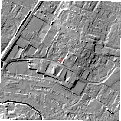 Shaded relief map of the ground around LE50HL, computed from Environment Agency LiDAR. The ground here sits at about 62 m above sea level and falls 9 m across the surrounding 800 m. Surface water reaching this point runs off ground lying to the east-north-east, 3.3 m higher.