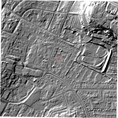 Shaded relief map of the ground around LE50HS, computed from Environment Agency LiDAR. The ground here sits at about 61 m above sea level and falls 20 m across the surrounding 800 m. Surface water reaching this point runs off ground lying to the east-north-east, 17.1 m higher.