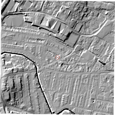 Shaded relief map of the ground around LE50JA, computed from Environment Agency LiDAR. The ground here sits at about 59 m above sea level and falls 13 m across the surrounding 800 m. Surface water reaching this point runs off ground lying to the east, 6.8 m higher.