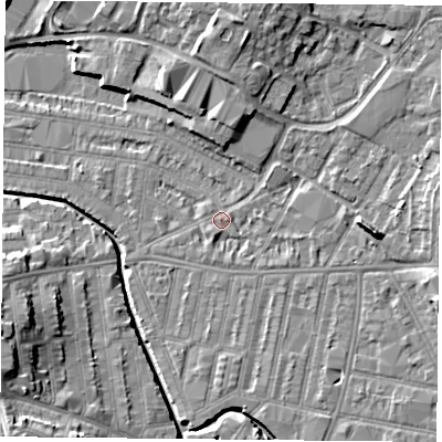 Shaded relief map of the ground around LE50JB, computed from Environment Agency LiDAR. The ground here sits at about 59 m above sea level and falls 13 m across the surrounding 800 m. Surface water reaching this point runs off ground lying to the east, 6.2 m higher.