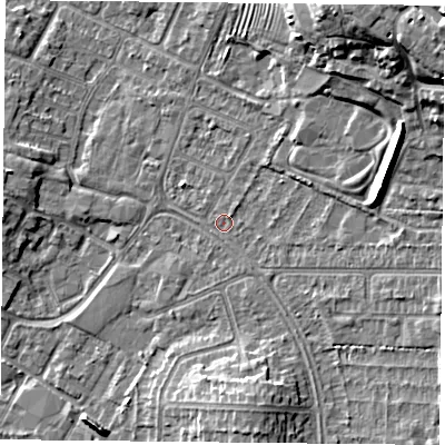 Shaded relief map of the ground around LE50JP, computed from Environment Agency LiDAR. The ground here sits at about 62 m above sea level and falls 20 m across the surrounding 800 m. Surface water reaching this point runs off ground lying to the east-south-east, 4.0 m higher.