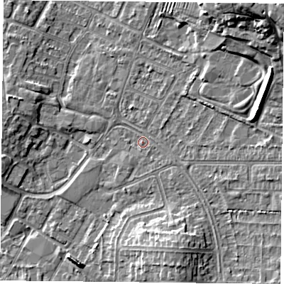 Shaded relief map of the ground around LE50JQ, computed from Environment Agency LiDAR. The ground here sits at about 62 m above sea level and falls 19 m across the surrounding 800 m. Surface water reaching this point runs off ground lying to the south-east, 3.8 m higher.