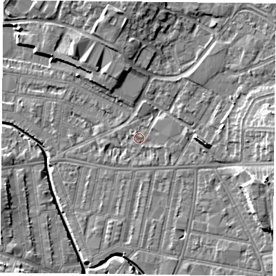 Shaded relief map of the ground around LE50LA, computed from Environment Agency LiDAR. The ground here sits at about 60 m above sea level and falls 10 m across the surrounding 800 m. Surface water reaching this point runs off ground lying to the east-south-east, 0.9 m higher.