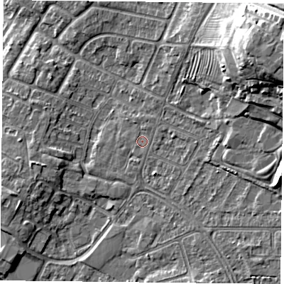 Shaded relief map of the ground around LE50LF, computed from Environment Agency LiDAR. The ground here sits at about 61 m above sea level and falls 20 m across the surrounding 800 m. Surface water reaching this point runs off ground lying to the east-north-east, 2.8 m higher.
