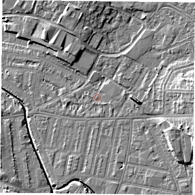 Shaded relief map of the ground around LE50LH, computed from Environment Agency LiDAR. The ground here sits at about 60 m above sea level and falls 11 m across the surrounding 800 m. Surface water reaching this point runs off ground lying to the south-east, 0.9 m higher.