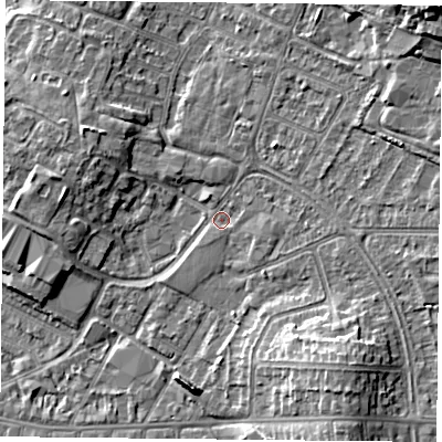 Shaded relief map of the ground around LE50LJ, computed from Environment Agency LiDAR. The ground here sits at about 61 m above sea level and falls 14 m across the surrounding 800 m. Surface water reaching this point runs off ground lying to the south-east, 7.1 m higher.