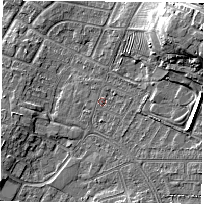 Shaded relief map of the ground around LE50LL, computed from Environment Agency LiDAR. The ground here sits at about 61 m above sea level and falls 20 m across the surrounding 800 m. Surface water reaching this point runs off ground lying to the east-north-east, 16.2 m higher.