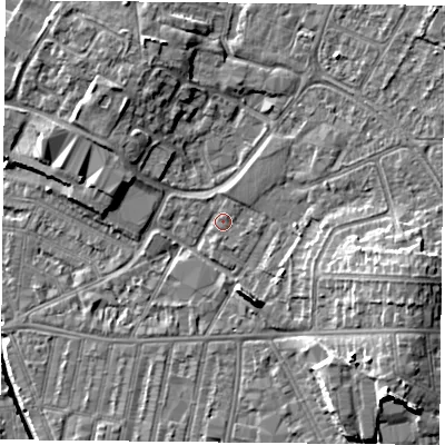 Shaded relief map of the ground around LE50NE, computed from Environment Agency LiDAR. The ground here sits at about 60 m above sea level and falls 13 m across the surrounding 800 m. Surface water reaching this point runs off ground lying to the east-south-east, 7.5 m higher.