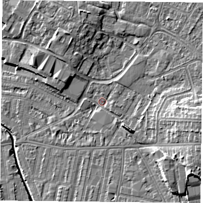 Shaded relief map of the ground around LE50NF, computed from Environment Agency LiDAR. The ground here sits at about 60 m above sea level and falls 13 m across the surrounding 800 m. Surface water reaching this point runs off ground lying to the east, 8.7 m higher.