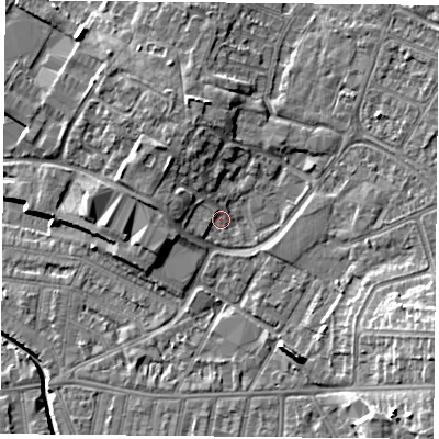 Shaded relief map of the ground around LE50NH, computed from Environment Agency LiDAR. The ground here sits at about 60 m above sea level and falls 12 m across the surrounding 800 m. Surface water reaching this point runs off ground lying to the north-west, 4.6 m higher.