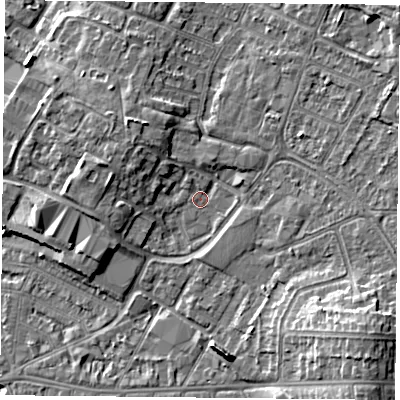 Shaded relief map of the ground around LE50NJ, computed from Environment Agency LiDAR. The ground here sits at about 60 m above sea level and falls 11 m across the surrounding 800 m. Surface water reaching this point runs off ground lying to the north-west, 4.5 m higher.