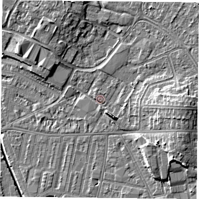 Shaded relief map of the ground around LE50PA, computed from Environment Agency LiDAR. The ground here sits at about 60 m above sea level and falls 13 m across the surrounding 800 m. Surface water reaching this point runs off ground lying to the east, 7.2 m higher.