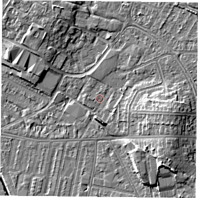 Shaded relief map of the ground around LE50PE, computed from Environment Agency LiDAR. The ground here sits at about 60 m above sea level and falls 12 m across the surrounding 800 m. Surface water reaching this point runs off ground lying to the east-south-east, 6.7 m higher.