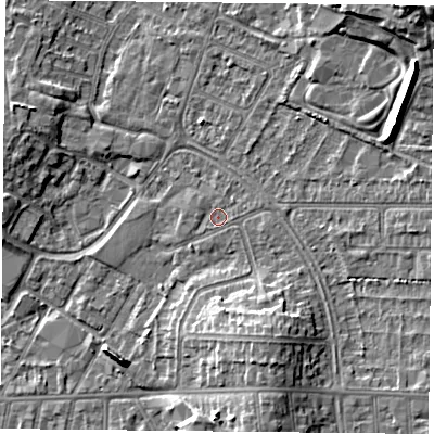 Shaded relief map of the ground around LE50PL, computed from Environment Agency LiDAR. The ground here sits at about 62 m above sea level and falls 16 m across the surrounding 800 m. Surface water reaching this point runs off ground lying to the south-south-east, 6.2 m higher.