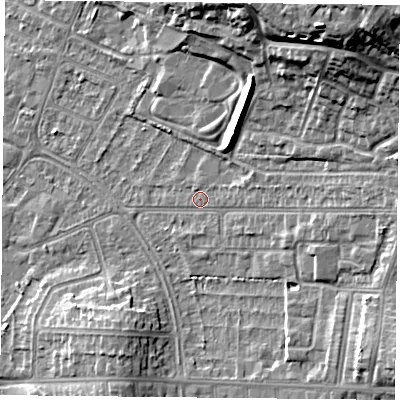 Shaded relief map of the ground around LE50PP, computed from Environment Agency LiDAR. The ground here sits at about 63 m above sea level and falls 20 m across the surrounding 800 m. Surface water reaching this point runs off ground lying to the east, 5.7 m higher.