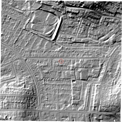 Shaded relief map of the ground around LE50PR, computed from Environment Agency LiDAR. The ground here sits at about 64 m above sea level and falls 19 m across the surrounding 800 m. Surface water reaching this point runs off ground lying to the east, 5.7 m higher.