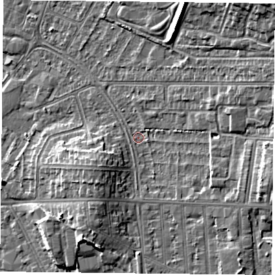 Shaded relief map of the ground around LE50PT, computed from Environment Agency LiDAR. The ground here sits at about 63 m above sea level and falls 10 m across the surrounding 800 m. Surface water reaching this point runs off ground lying to the east-south-east, 7.0 m higher.