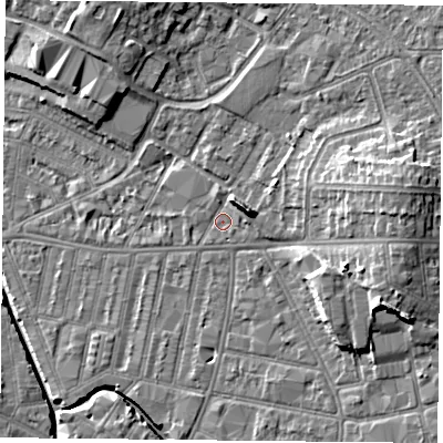 Shaded relief map of the ground around LE50PU, computed from Environment Agency LiDAR. The ground here sits at about 60 m above sea level and falls 12 m across the surrounding 800 m. Surface water reaching this point runs off ground lying to the east-north-east, 5.1 m higher.