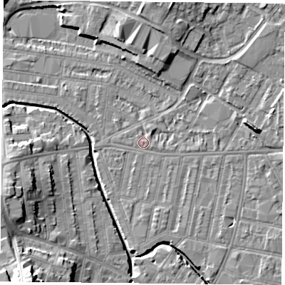 Shaded relief map of the ground around LE50QD, computed from Environment Agency LiDAR. The ground here sits at about 59 m above sea level and falls 19 m across the surrounding 800 m. Surface water reaching this point runs off ground lying to the east-south-east, 0.8 m higher.