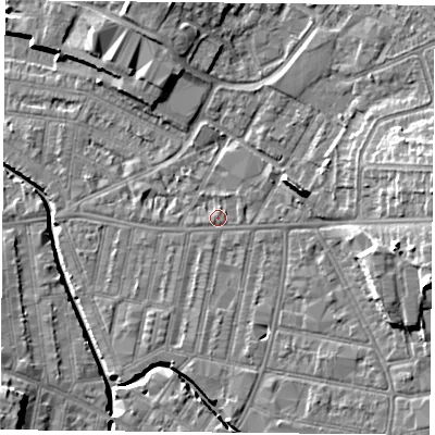 Shaded relief map of the ground around LE50QE, computed from Environment Agency LiDAR. The ground here sits at about 60 m above sea level and falls 13 m across the surrounding 800 m. Surface water reaching this point runs off ground lying to the east, 7.7 m higher.