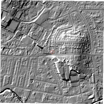 Shaded relief map of the ground around LE50QF, computed from Environment Agency LiDAR. The ground here sits at about 62 m above sea level and falls 12 m across the surrounding 800 m. Surface water reaching this point runs off ground lying to the east, 6.8 m higher.