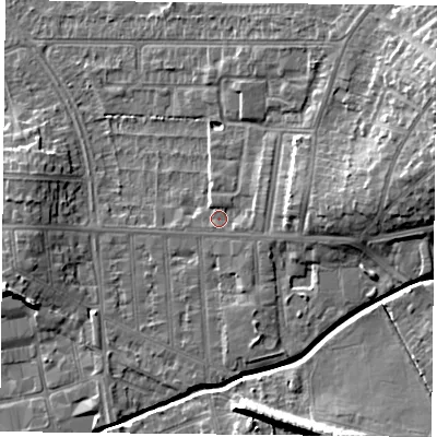 Shaded relief map of the ground around LE50QG, computed from Environment Agency LiDAR. The ground here sits at about 65 m above sea level and falls 15 m across the surrounding 800 m. Surface water reaching this point runs off ground lying to the east-north-east, 4.1 m higher.