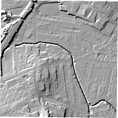 Shaded relief map of the ground around LE50SA, computed from Environment Agency LiDAR. The ground here sits at about 59 m above sea level and falls 21 m across the surrounding 800 m. Surface water reaching this point runs off ground lying to the west-south-west, 3.6 m higher.
