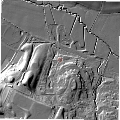 Shaded relief map of the ground around LE51BQ, computed from Environment Agency LiDAR. The ground here sits at about 69 m above sea level and falls 28 m across the surrounding 800 m. Surface water reaching this point runs off ground lying to the south, 12.6 m higher.