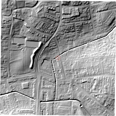 Shaded relief map of the ground around LE51DA, computed from Environment Agency LiDAR. The ground here sits at about 73 m above sea level and falls 23 m across the surrounding 800 m. Surface water reaching this point runs off ground lying to the north, 18.7 m higher.