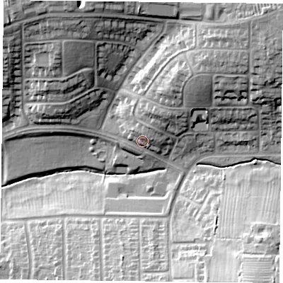 Shaded relief map of the ground around LE51DS, computed from Environment Agency LiDAR. The ground here sits at about 93 m above sea level and falls 31 m across the surrounding 800 m. Surface water reaching this point runs off ground lying to the north-north-east, 3.8 m higher.