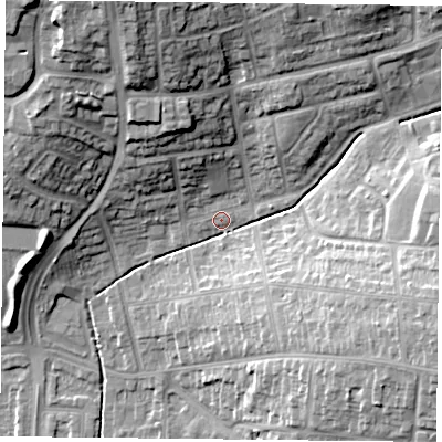 Shaded relief map of the ground around LE51HL, computed from Environment Agency LiDAR. The ground here sits at about 76 m above sea level and falls 24 m across the surrounding 800 m. Surface water reaching this point runs off ground lying to the north-north-west, 19.9 m higher.