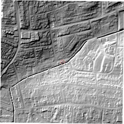 Shaded relief map of the ground around LE51HN, computed from Environment Agency LiDAR. The ground here sits at about 77 m above sea level and falls 25 m across the surrounding 800 m. Surface water reaching this point runs off ground lying to the north-east, 14.1 m higher.